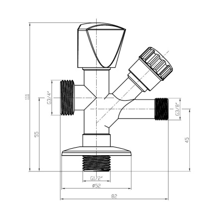 Rohový ventil pre pračku a WC 1/2"x3/8"x3/4"