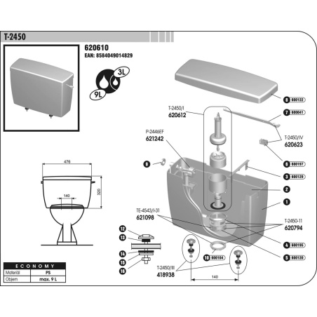 T-2450 WC splachovacia nádržka plastová kombi montáž, splachovanie: 3/9 litrov, páčka