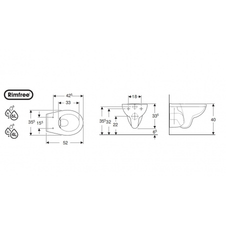 Závesné WC Rimfree KOLO Rekord, s hlbokým splachovaním 3/6, 2/4 l, dĺžka 52 cm